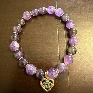Amethyst Purple Beaded Bracelet with Heart Charm